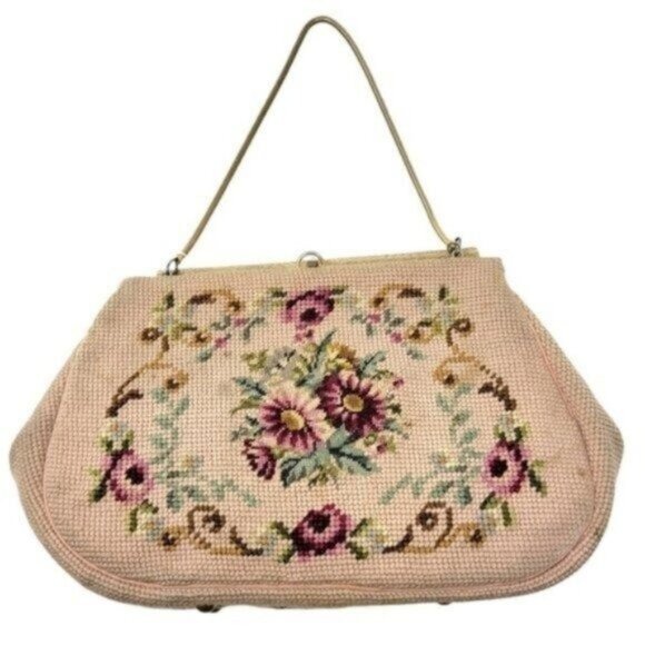 Martha Klein Vintage | Needlepoint Floral Cream Mother of Pearl Handbag Purse - Picture 1 of 16